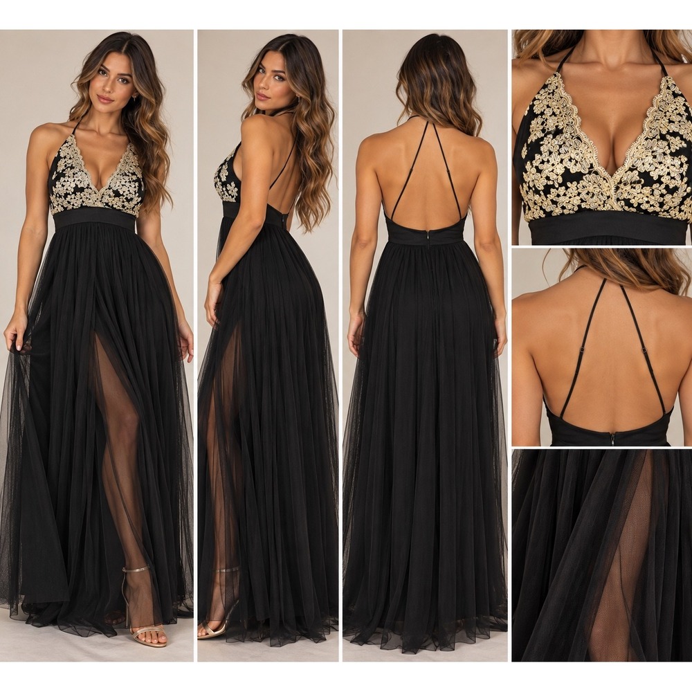 Windsor Black Gold Embroidered Lace Tulle Halter Maxi Dress VID9220 Medium